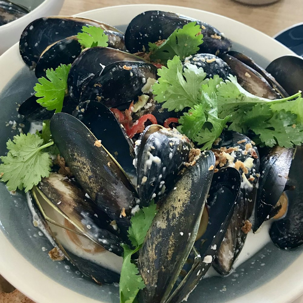 a plate of steamed mussels with cilantro and parsley