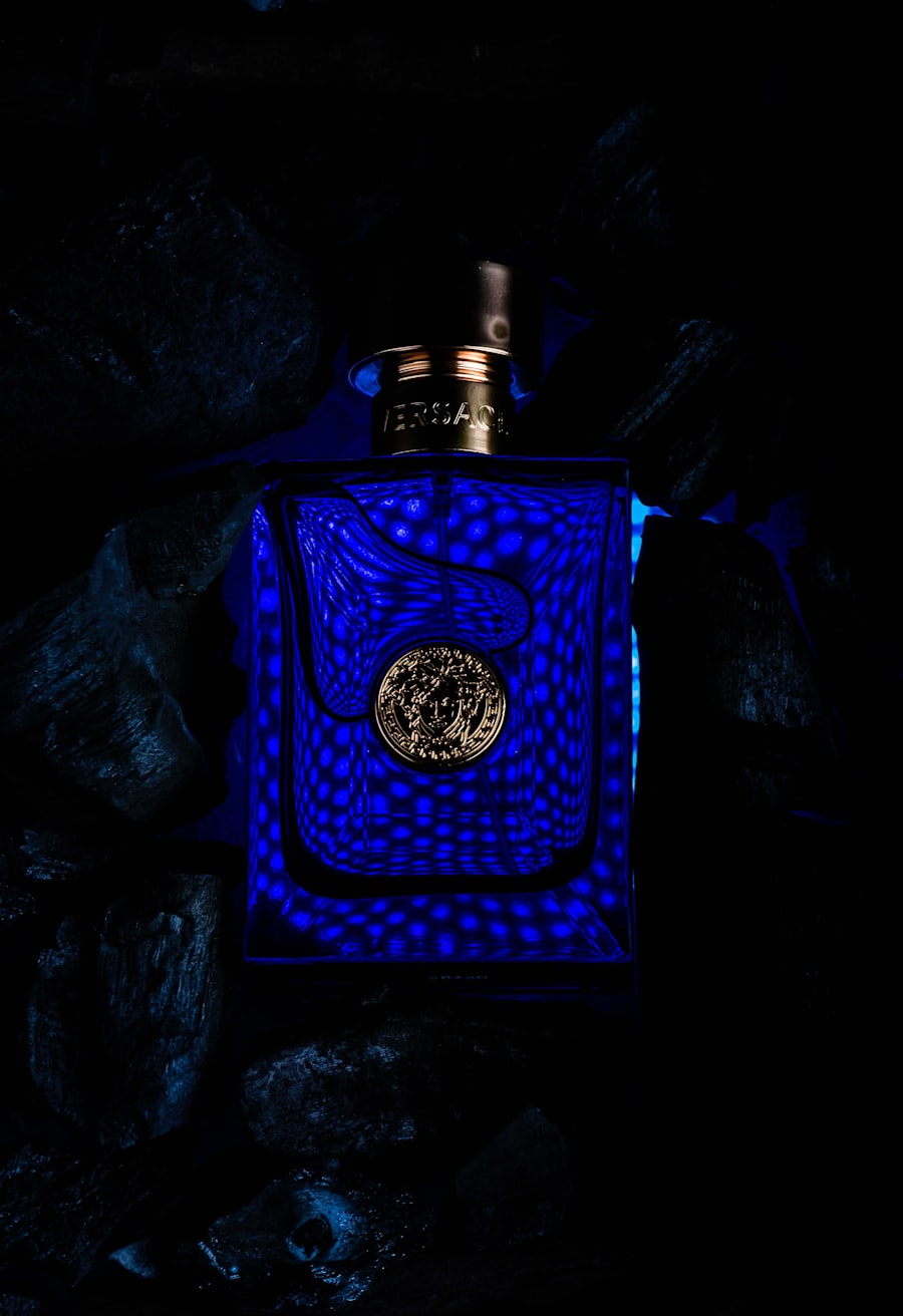 Versace Dylan Blue bottle with gold Medusa emblem