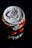 A close-up view of the top of a can with a crumpled silver foil lid, featuring a colorful design of white flowers and oranges on a red background. A small QR code sticker with a flag detail is placed on the lid.