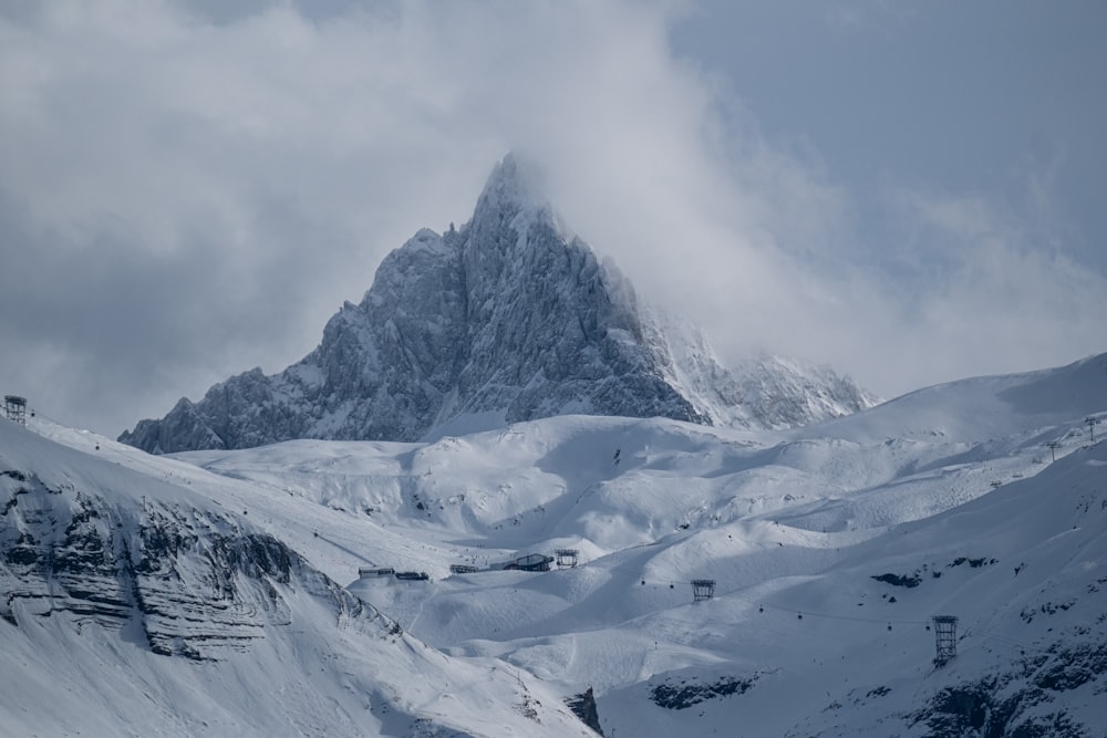 a mountain covered in snow under a cloudy sky