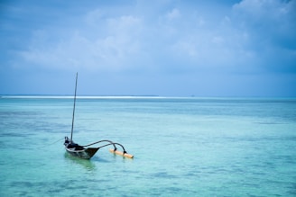 A traditional Maldivian boat sailing across the turquoise lagoon.