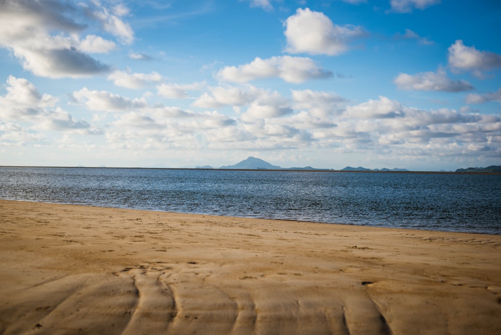 a sandy beach with a body of water in the background