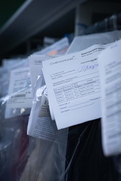 Several documents with Cyrillic text are visible, placed in a stack with clear plastic packaging around them. The focus is on a receipt or invoice in Russian, featuring printed and handwritten text.
