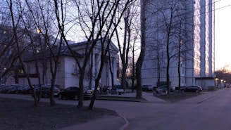 A residential area with a security guard monitoring the surroundings at dusk.