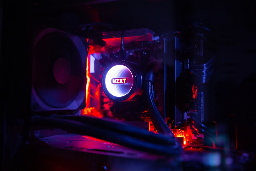 a close up of a computer case in the dark