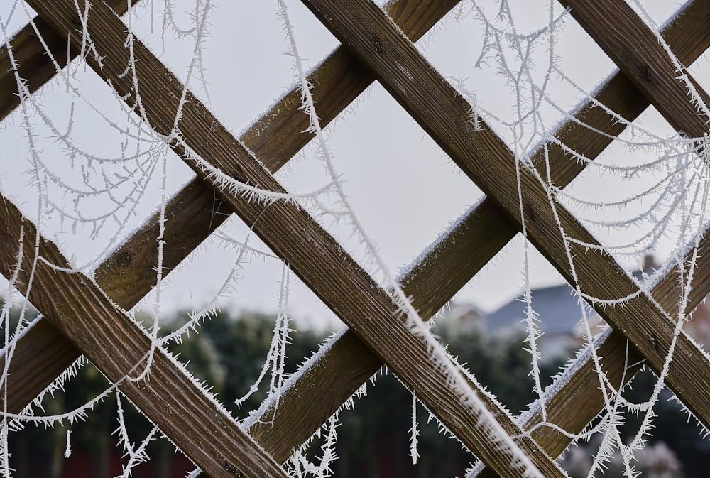a wooden fence covered in ice and icicles