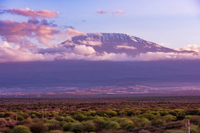 A breathtaking view of Mount Kilimanjaro towering over the Tanzanian landscape at sunrise.