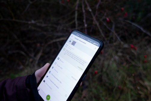 A person is holding a smartphone displaying an app or webpage against a blurred background of outdoor foliage with visible small red berries. The phone screen has text and icons related to an observation or note-taking application.