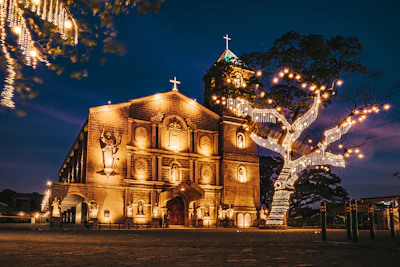 The church sanctuary beautifully lit during an evening worship session.