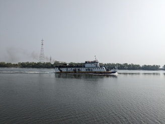 A large passenger ferry is cruising across a calm body of water. The boat is filled with people and appears to be a public transport ferry. In the background, there is a shoreline with trees and a large transmission tower, suggesting the ferry is near an urban area. The sky is clear and lightly overcast, indicating possibly early morning or late afternoon.