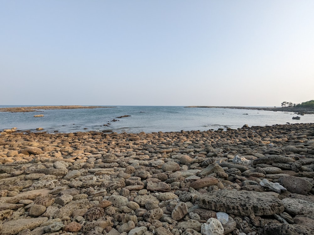 a large body of water sitting next to a rocky shore