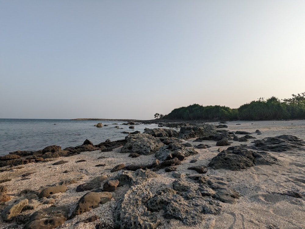 a sandy beach with rocks and a small island in the distance