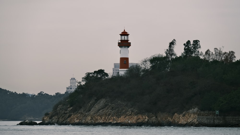 a red and white lighthouse sitting on top of a cliff