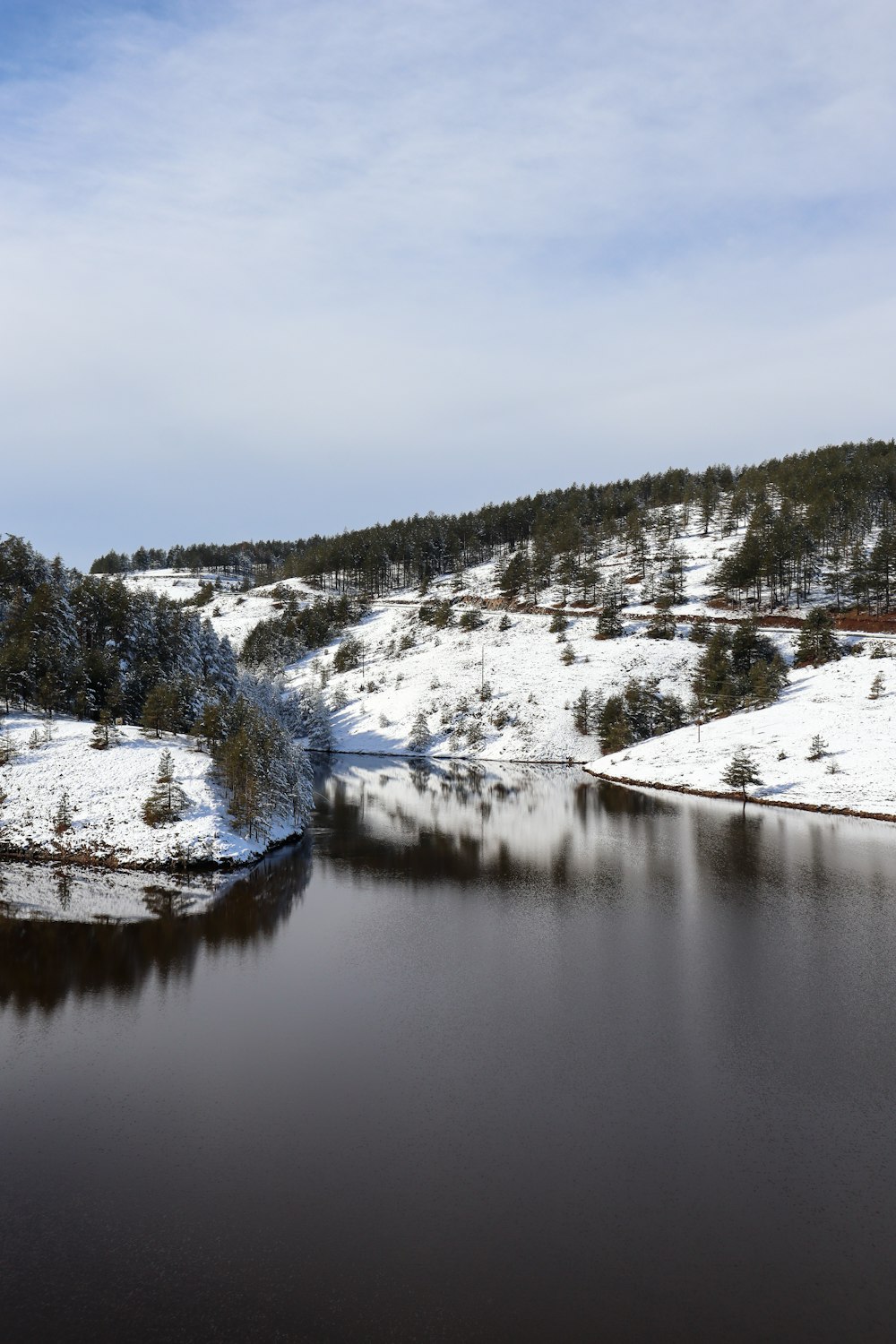 Un lago rodeado de colinas cubiertas de nieve y árboles