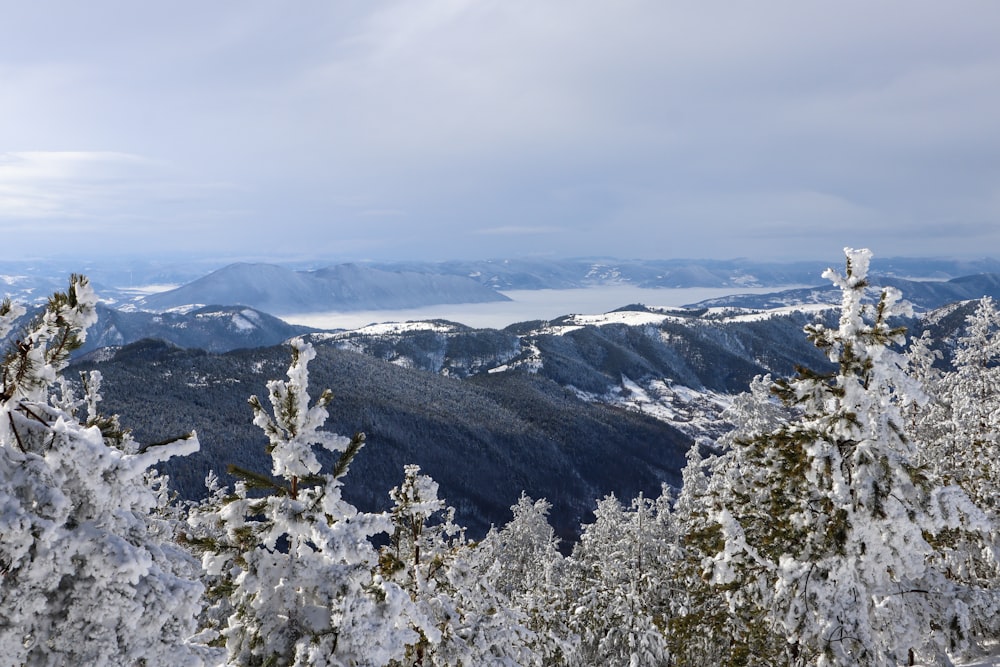 the view from the top of a snowy mountain