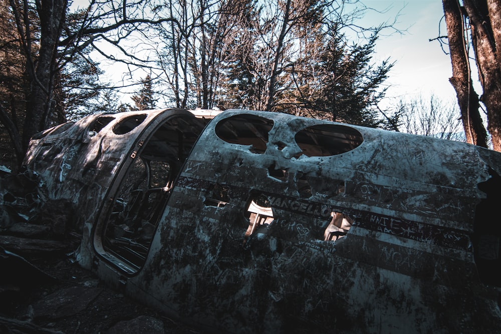 an old run down car in the woods
