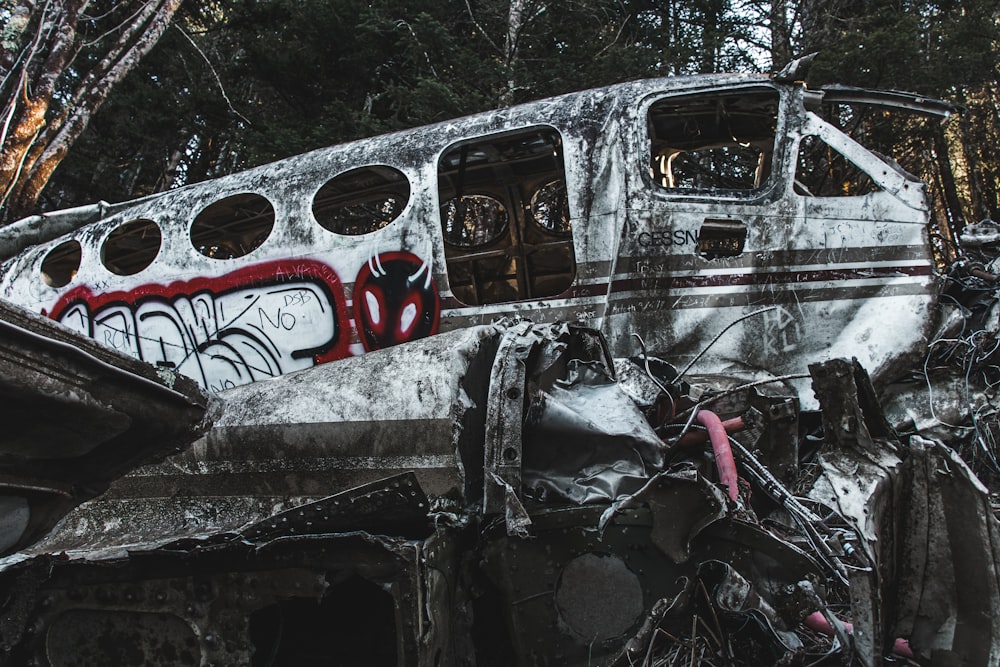 a van that has been vandalized with graffiti