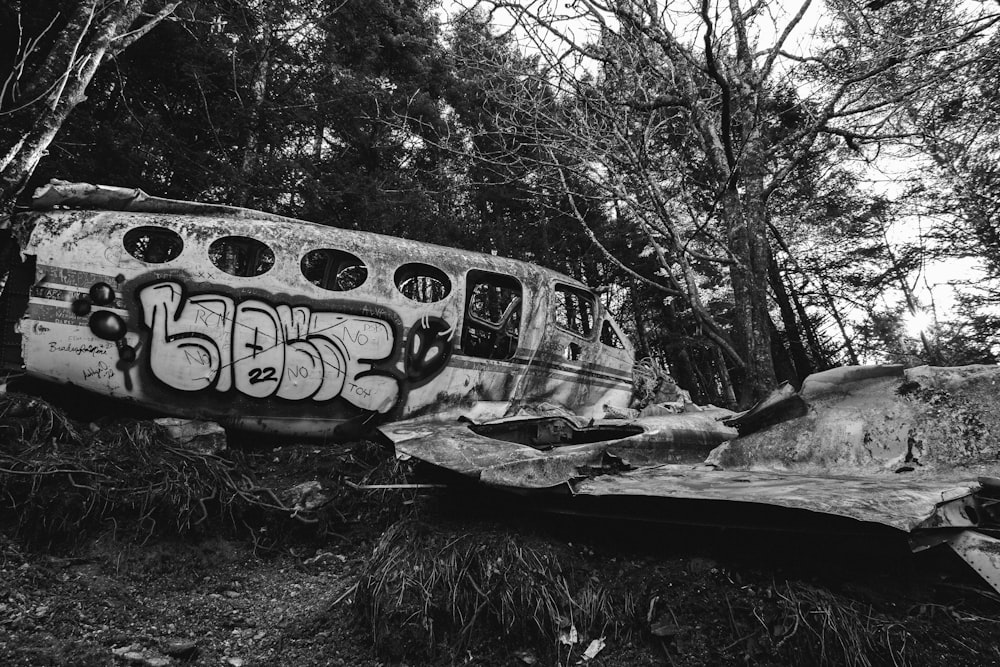 a black and white photo of graffiti on a train