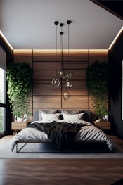 a bedroom with a large bed and a plant on the wall