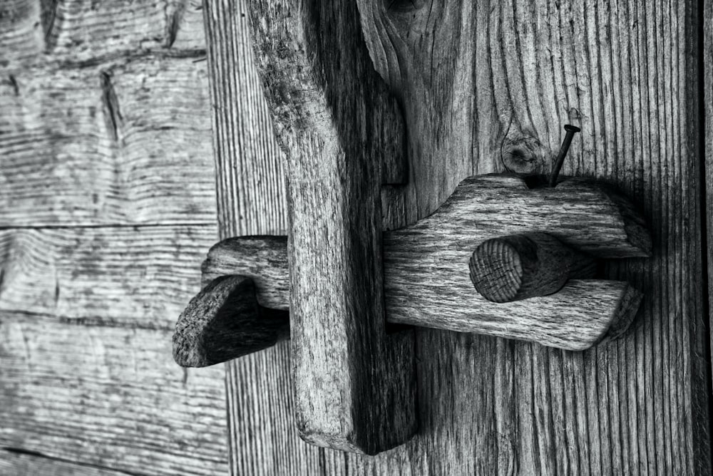 a close up of a door handle on a wooden door