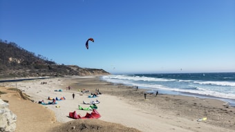 A sandy beach with several colorful kites and kite surfers. The ocean waves can be seen crashing onto the shore while cliffs line the background. People are either setting up or engaged in kitesurfing activities.