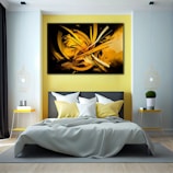 Bright, modern bedroom with yellow and violet accents reflecting hapiii's brand colors.