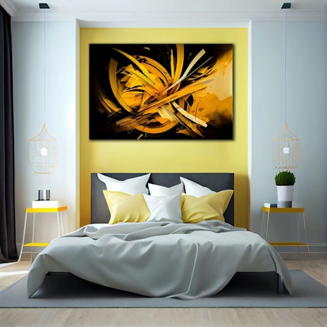 Bright, modern bedroom with yellow and violet accents reflecting hapiii's brand colors.