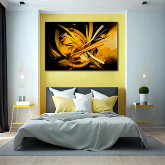 a bedroom with a bed and a painting on the wall