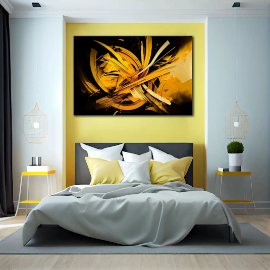 a bedroom with a bed and a painting on the wall