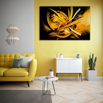 a living room with a yellow couch and a painting on the wall