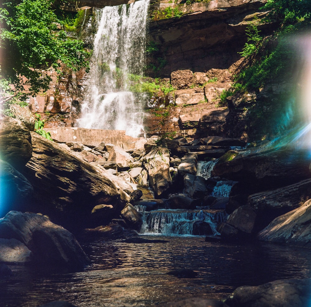 a waterfall is shown in the middle of a forest