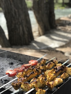 Skewers of grilled meat, likely chicken, and slices of tomato are cooking over charcoal on a barbecue grill. The grill is set outdoors, with blurred trees and a river or stream in the background, giving it a natural setting.