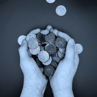 a person holding a bunch of coins in their hands