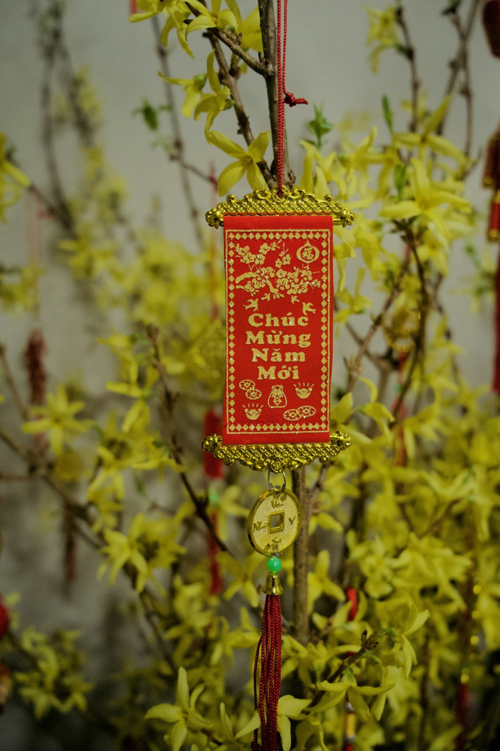 a red and yellow decoration hanging from a tree
