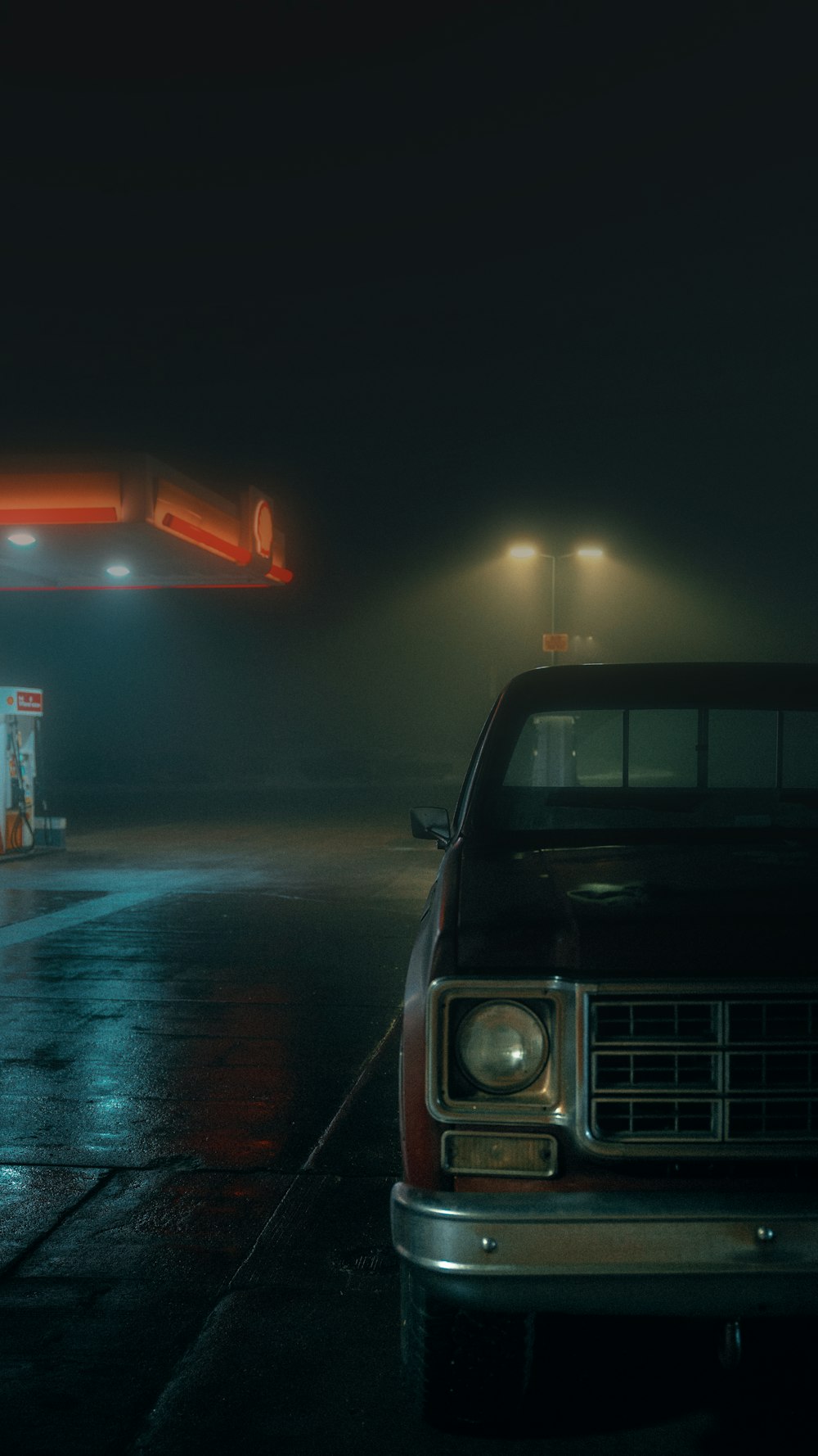 a car parked in a parking lot next to a gas station