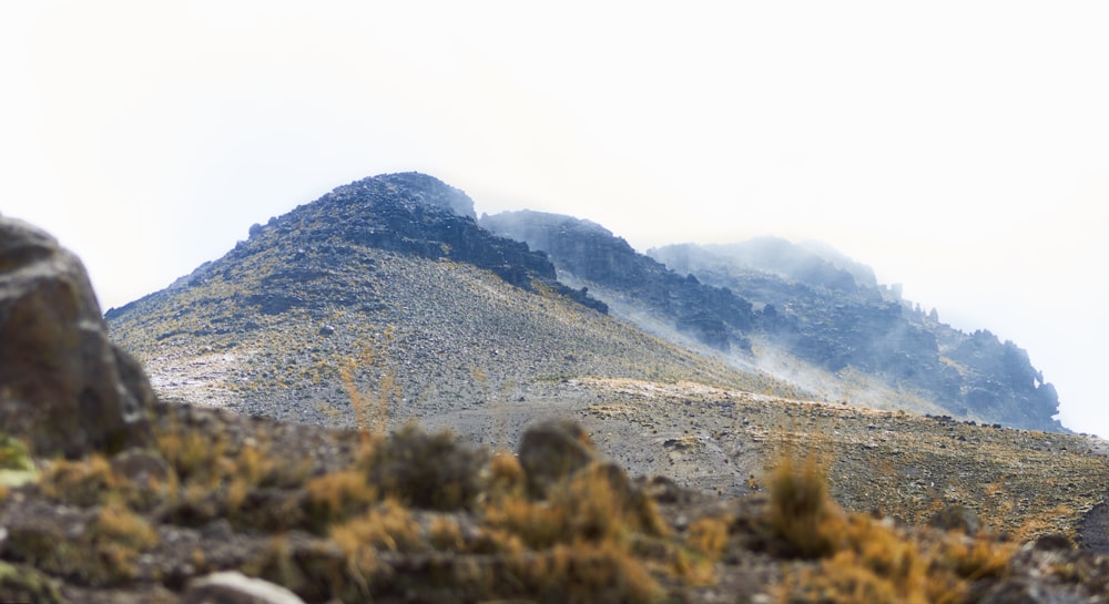 a mountain covered in fog and low lying vegetation