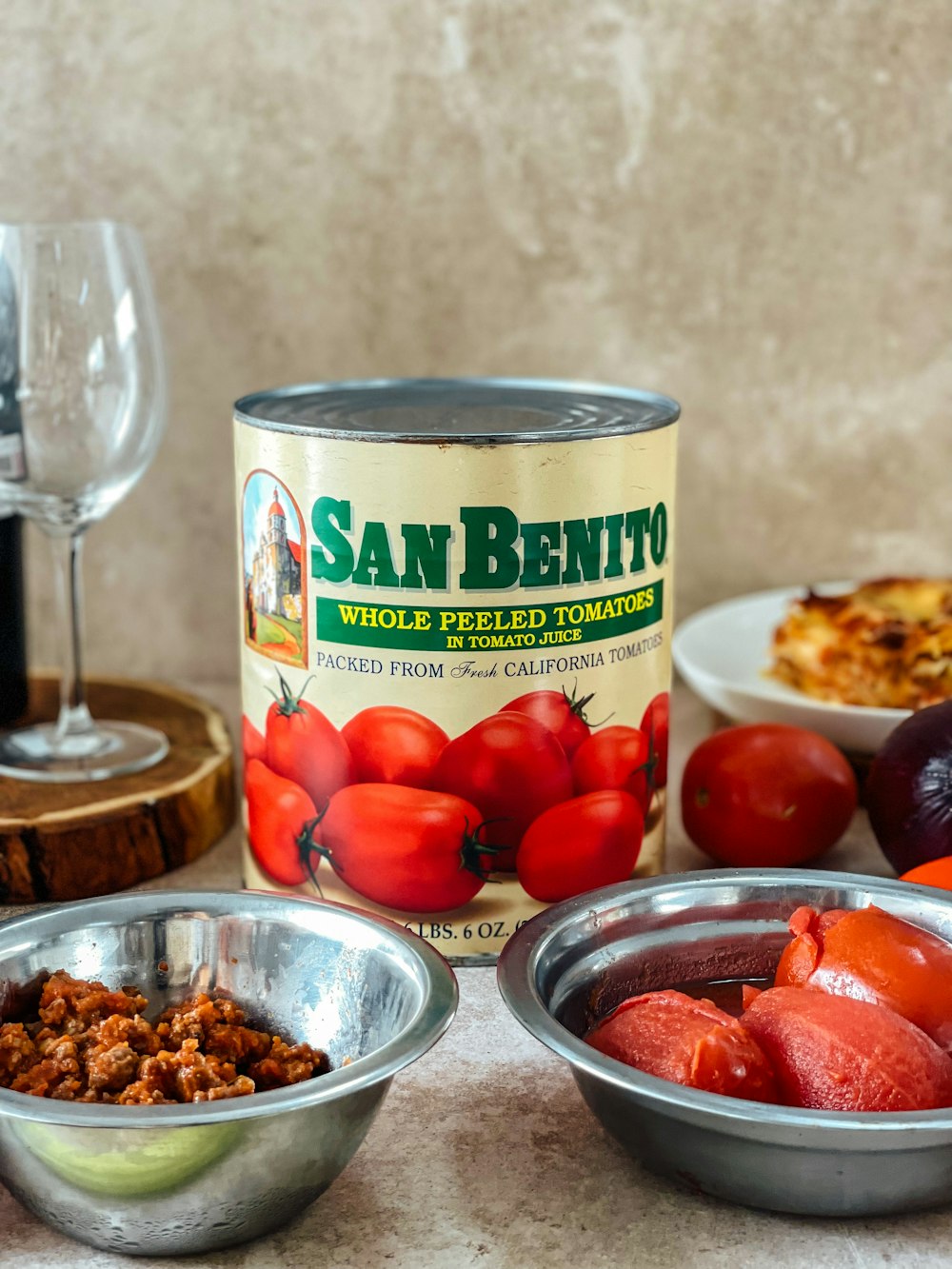a can of san benito whole peeled tomatoes and other ingredients