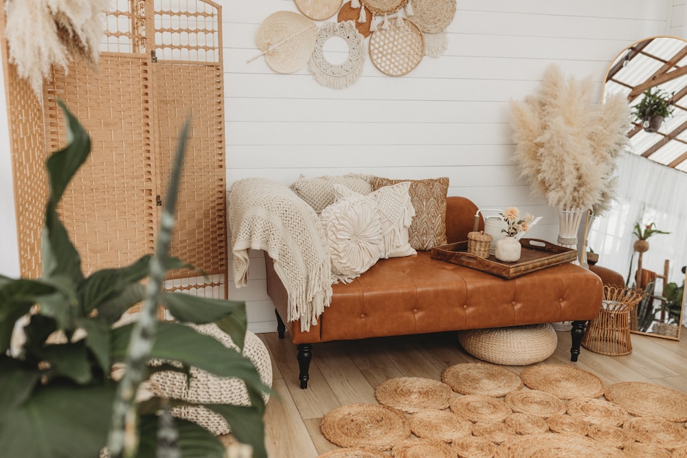 a living room with a couch and rugs