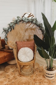 A cozy and stylish interior setting featuring a wicker peacock chair with decorative cushions, surrounded by woven rugs and a large leafy plant. There's a mirror partially visible in the background reflecting parts of the room.