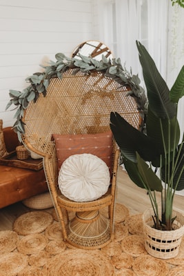 A cozy and stylish interior setting featuring a wicker peacock chair with decorative cushions, surrounded by woven rugs and a large leafy plant. There's a mirror partially visible in the background reflecting parts of the room.