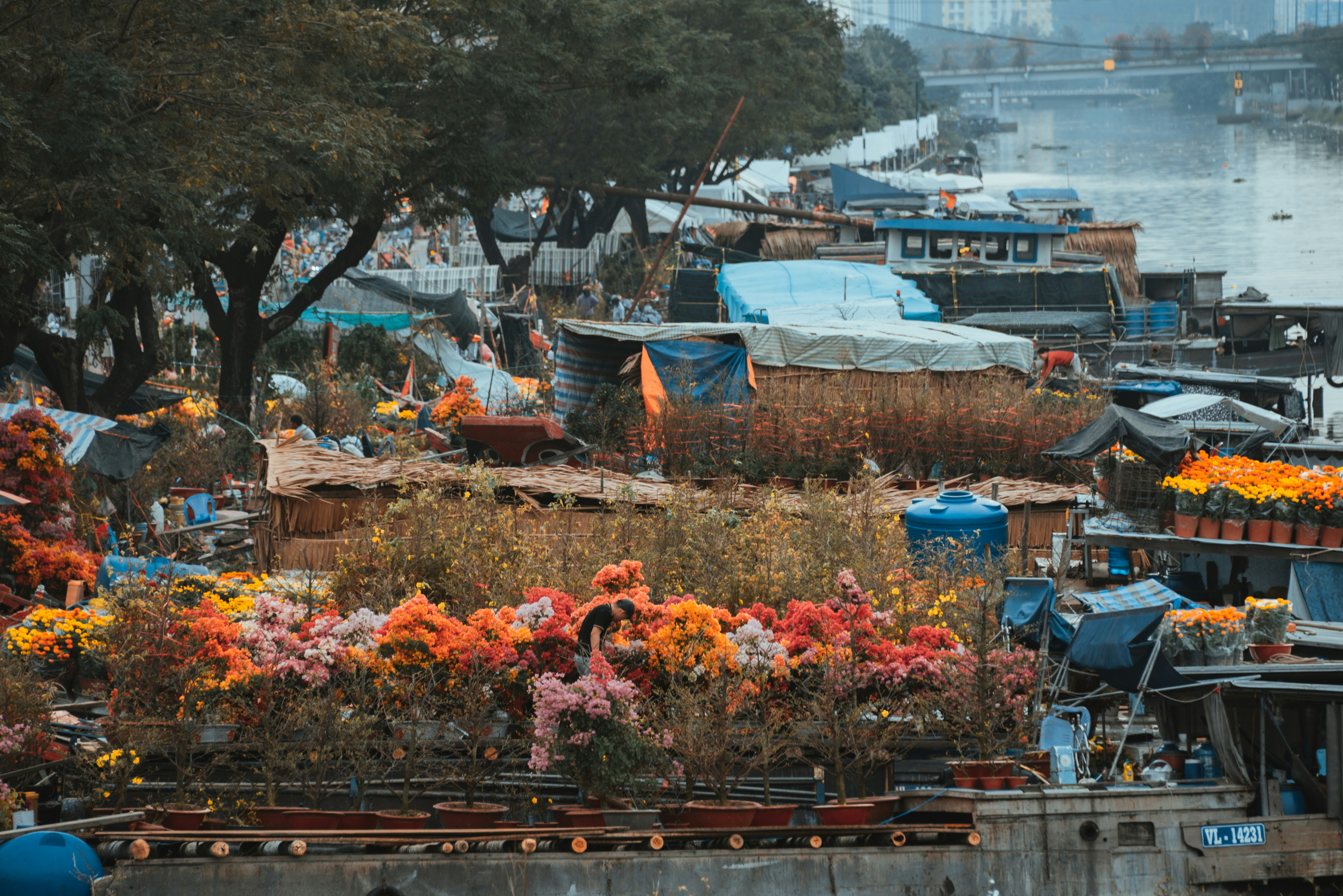 Boats filled with colorful produce at Damnoen Saduak Floating Market