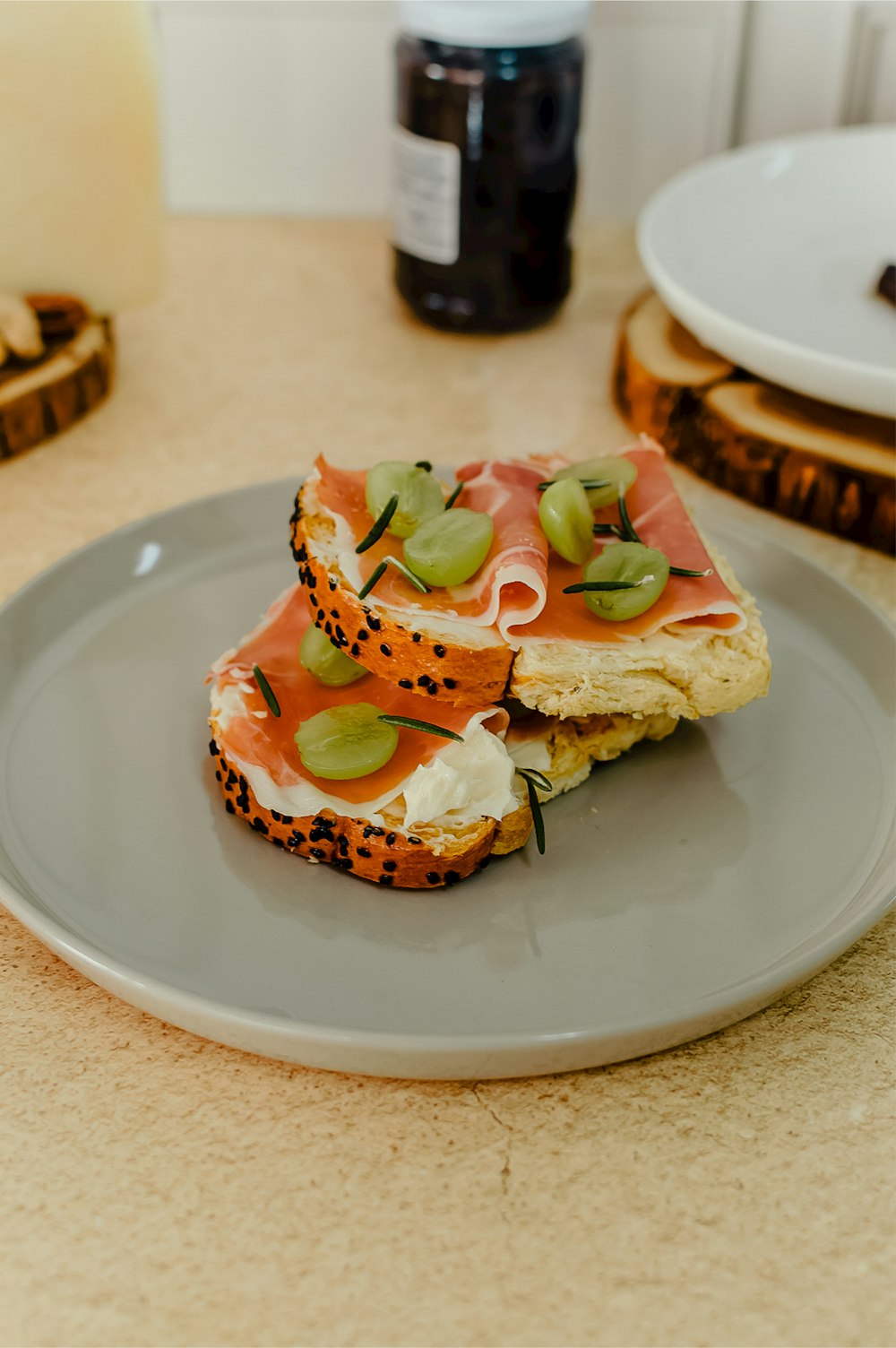 a plate with a sandwich on it on a table