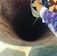 A person is lowering a bucket attached to a rope into a deep, cylindrical brick well. Water is dripping from the bucket into the well. The person's hand and part of their colorful clothing are visible. The well is built with reddish bricks.