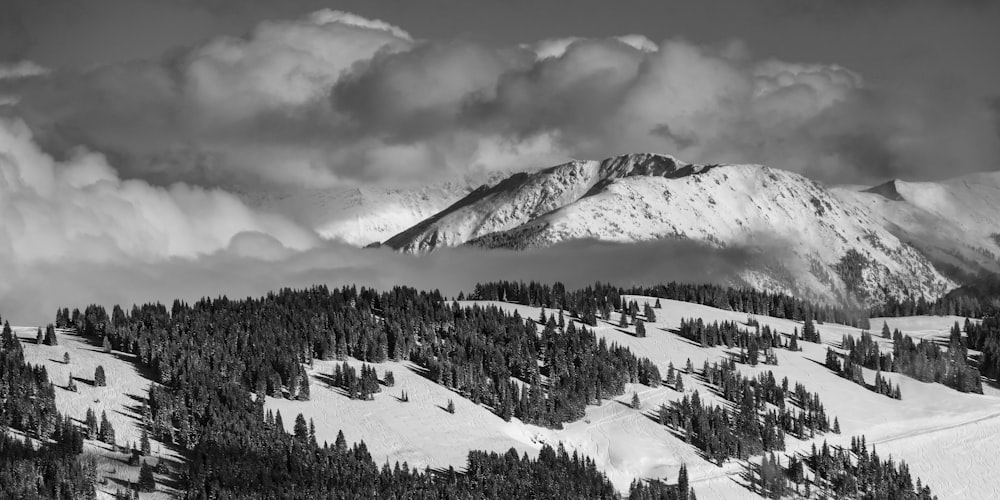 Une photo en noir et blanc d’une montagne enneigée