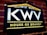 A dark rectangular sign on a brick wall features bold white letters 'KWV' above the words 'House of Brandy' in bright yellow. The sign is bordered by a yellow line on the top, forming a subtle triangular shape resembling a roof, and another line below the text.