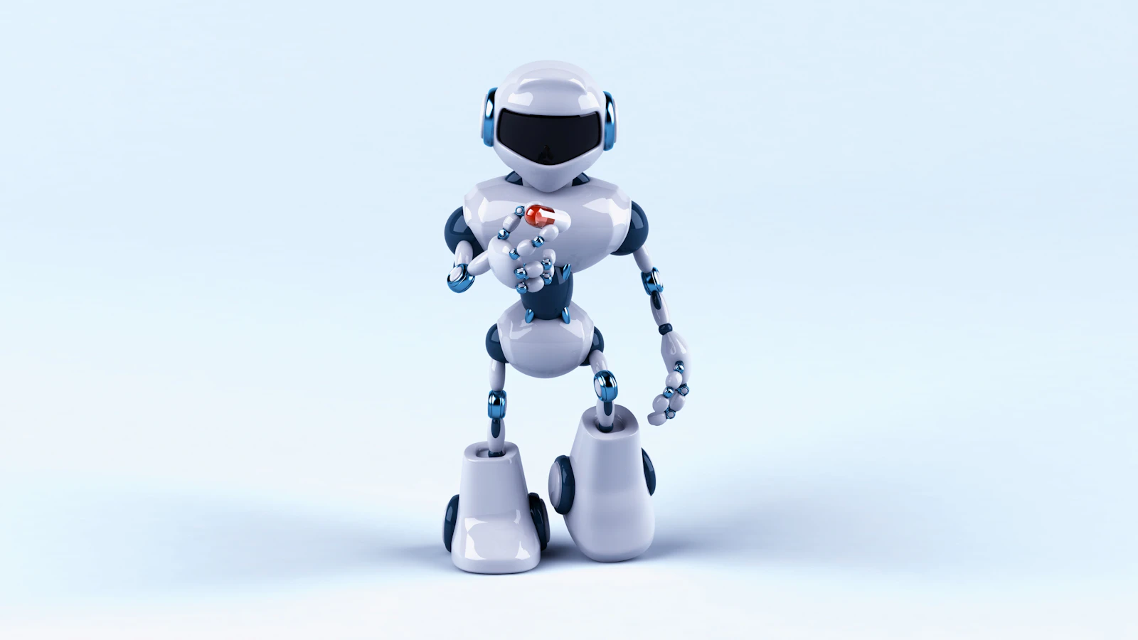 A 3D-rendered robot against a dark background