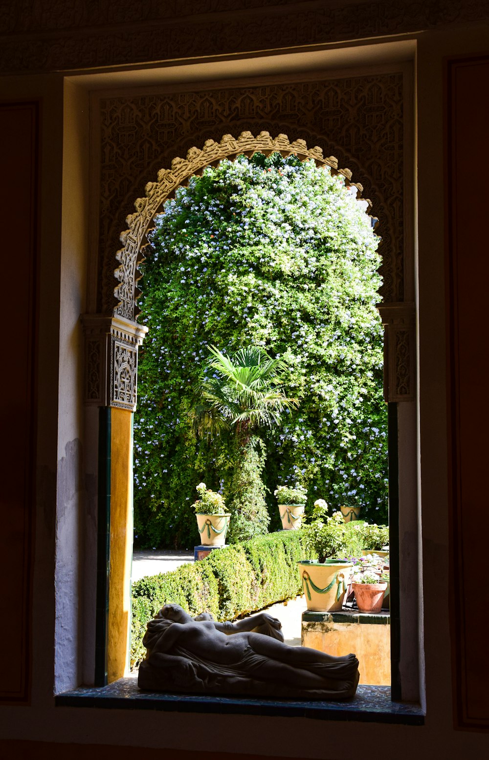 a view of a garden through a doorway