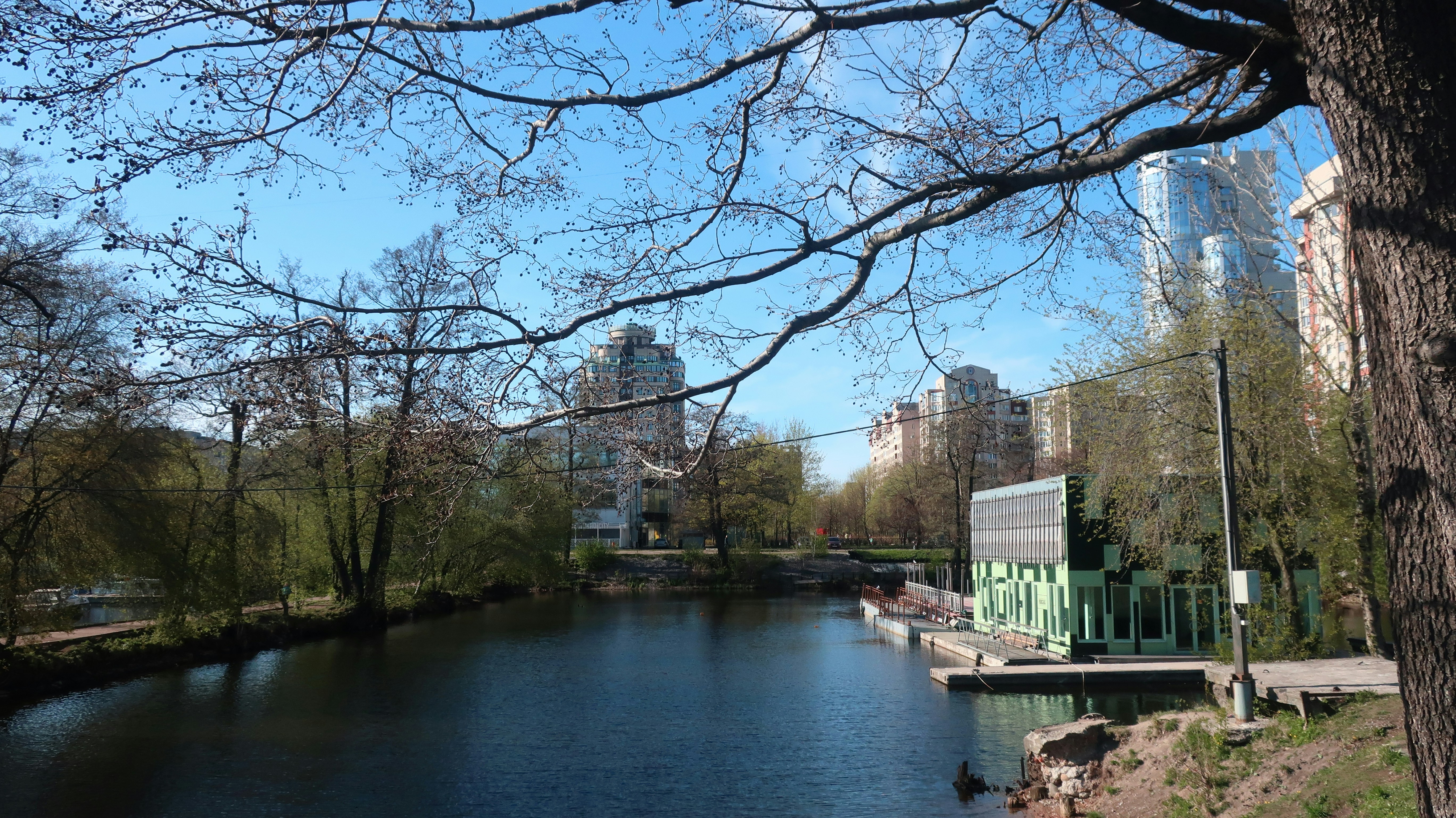 a body of water surrounded by trees and buildings