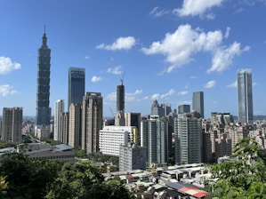 A panoramic view of a modern skyline with luxurious buildings under a clear blue sky.