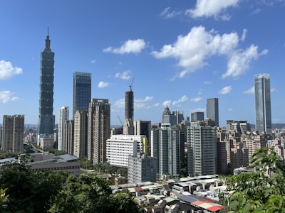 A panoramic view of a modern skyline with luxurious buildings under a clear blue sky.